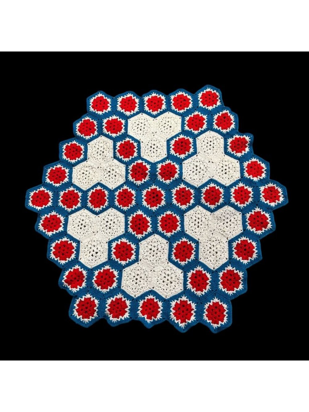 Vintage Handmade Crocheted Patriotic Throw Blanket Afghan Red White Blue Hexagon